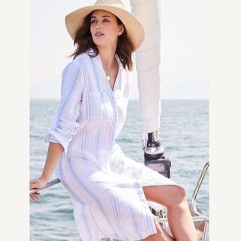 Soft Surroundings Adalia Linen Shirt Dress Pearl Buttons White Blue Stripe Sz M